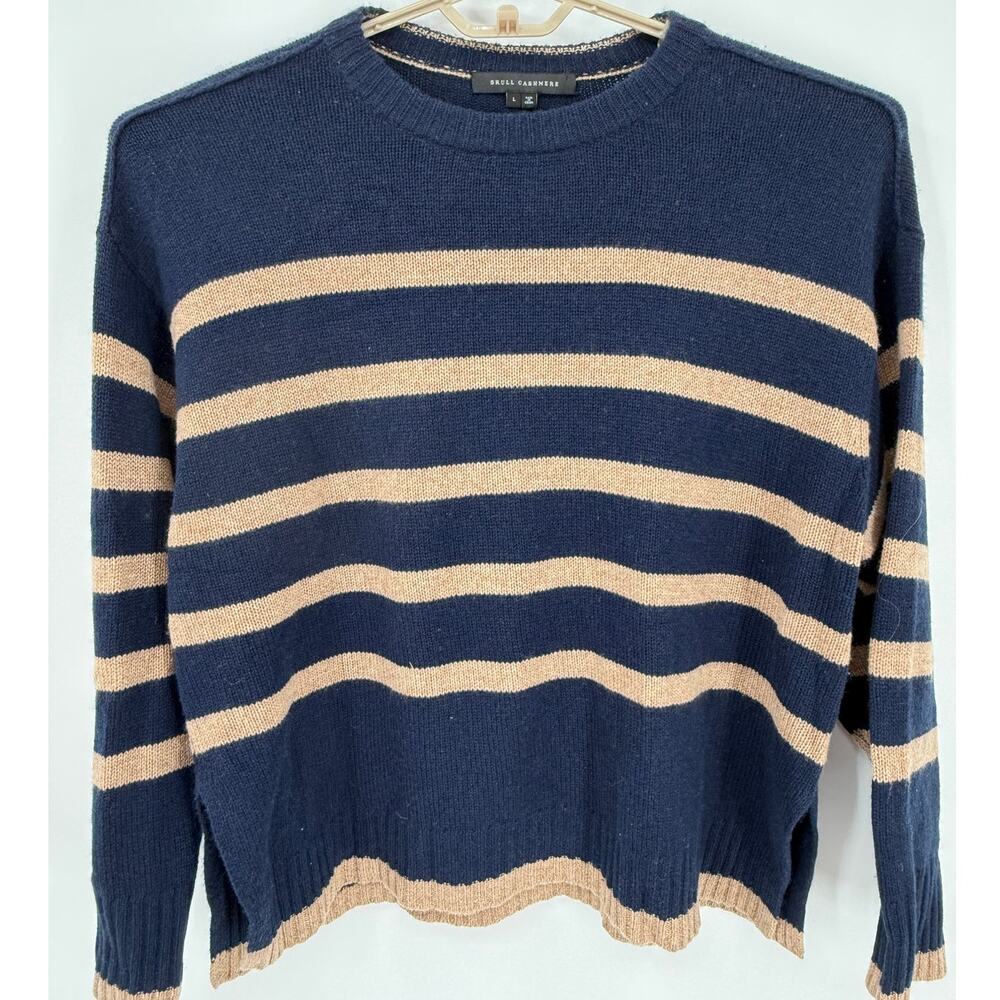 Skull Cashmere 100% Cashmere Sweater Navy Tan Stripe Boxy Oversized Size Large